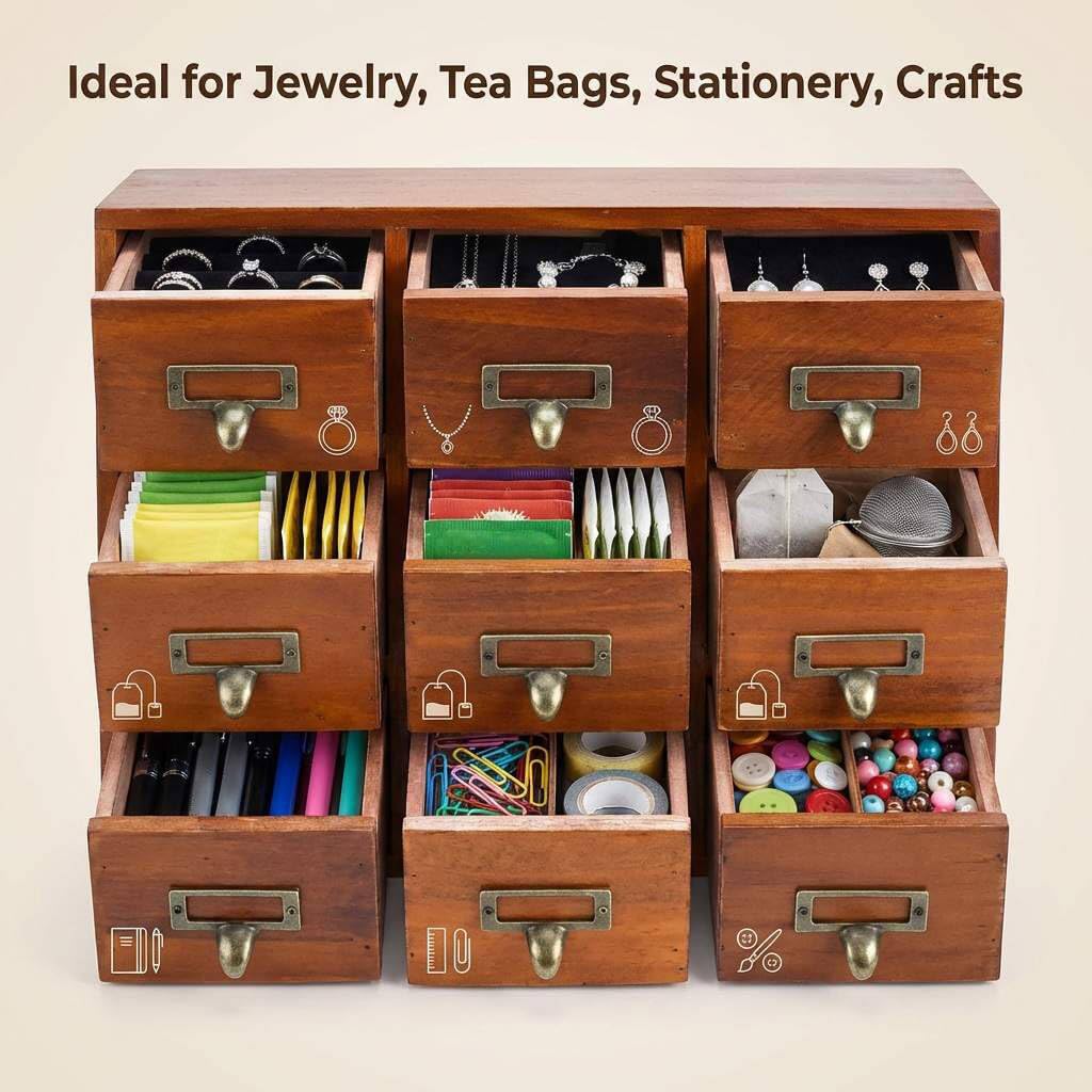 Compact apothecary-inspired cabinet ideal for tea bags and cosmetics.