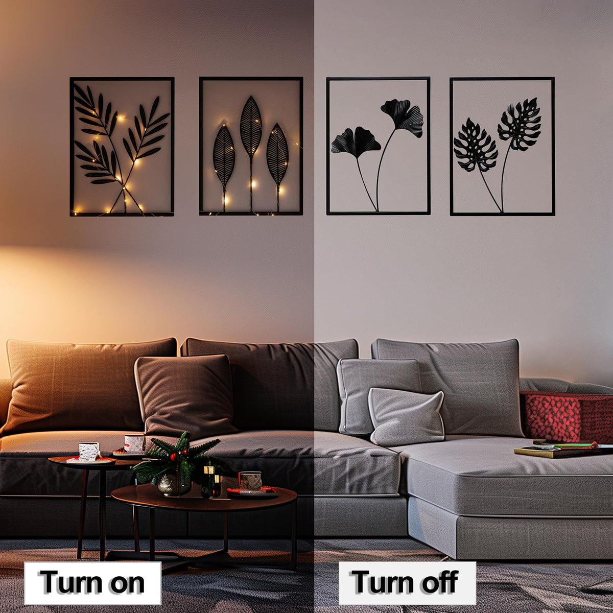 QXSXKJ abstract black line art leaves in minimalist framed panels.