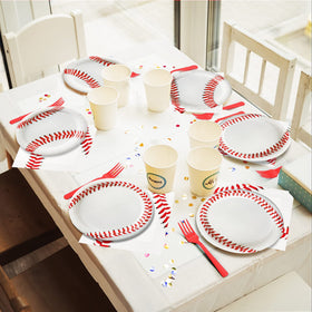 Qyeahkj baseball party scene with matching dinnerware and decor.