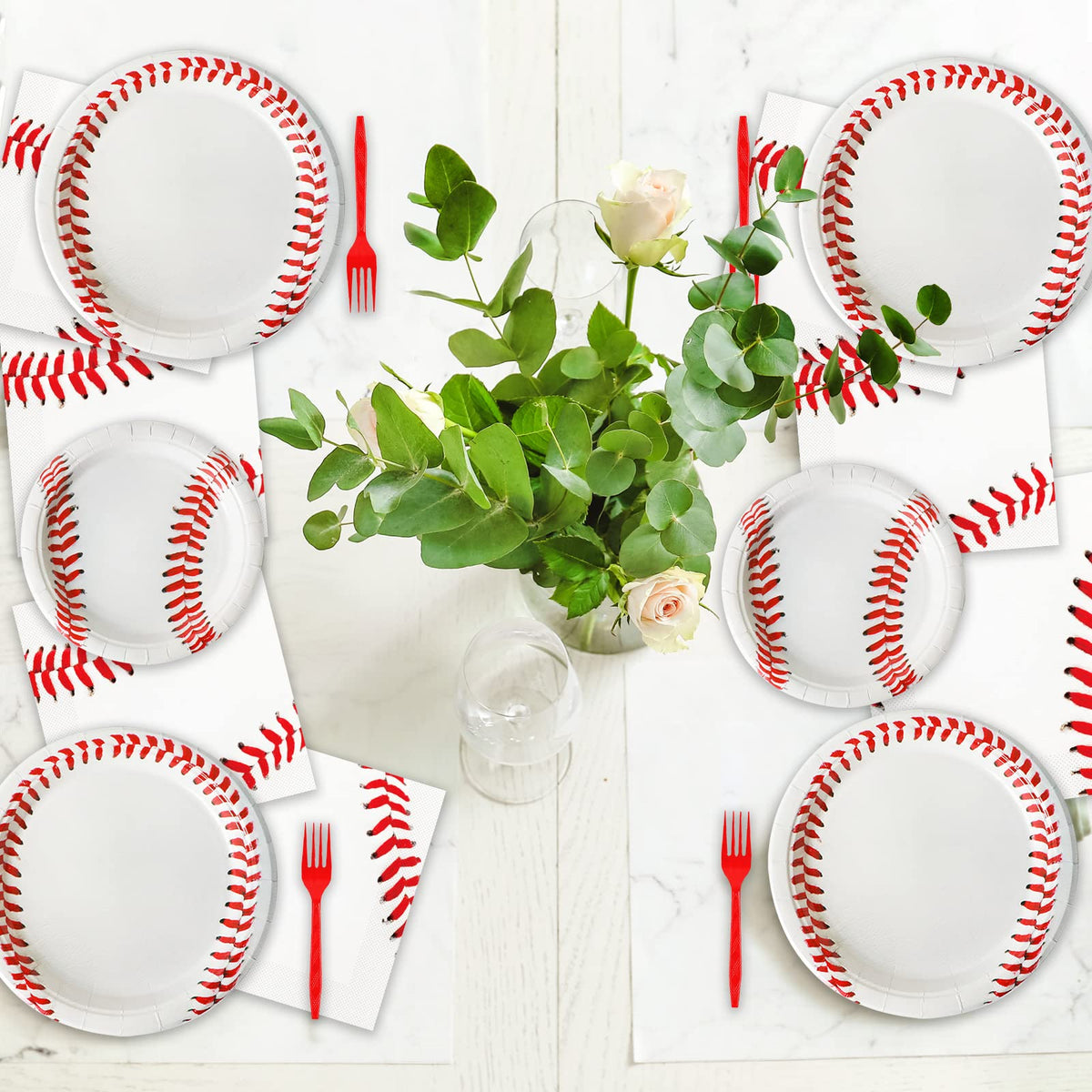 Qyeahkj baseball table setup showing coordinated plates and napkins.