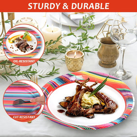 Qyeahkj Colorful serape stripe plates brighten any Mexico-themed party.