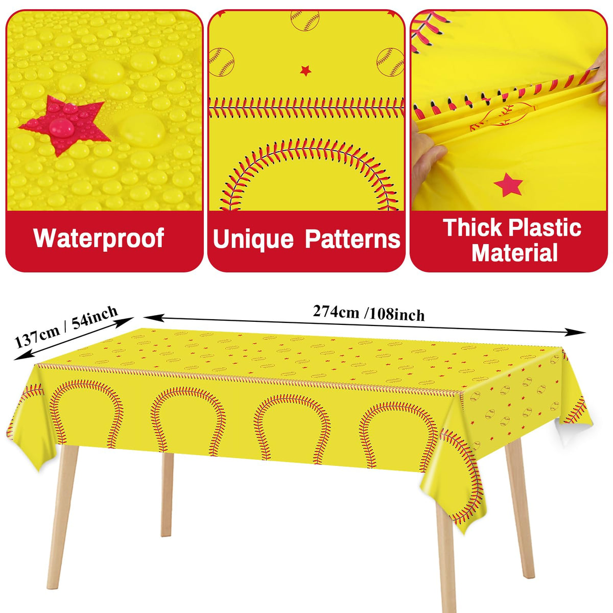 Qyeahkj softball tablecloth 108x54in protects surfaces during party setups.