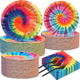 Qyeahkj tie-dye plates for a festive party setup with sturdy dining options.