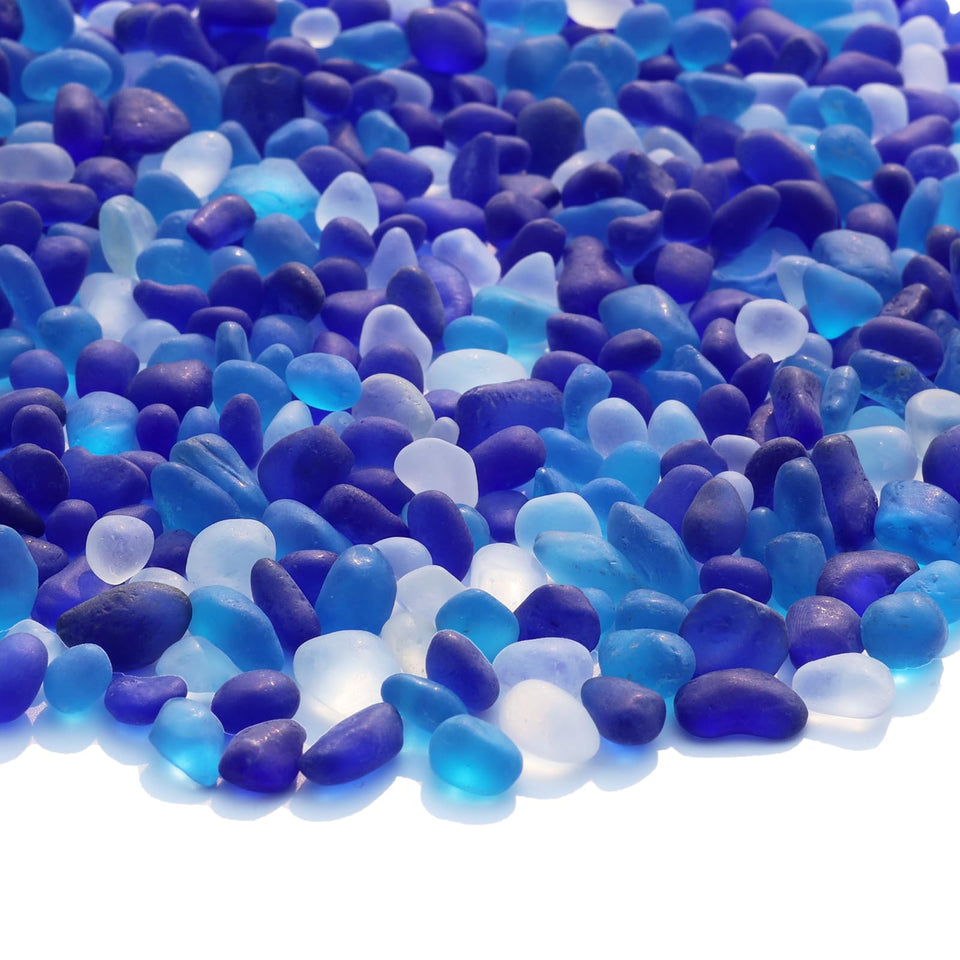QYGL Sea Glass Stones in blue mixed frosted glass pebbles for vibrant aquarium decor and safe substrates.