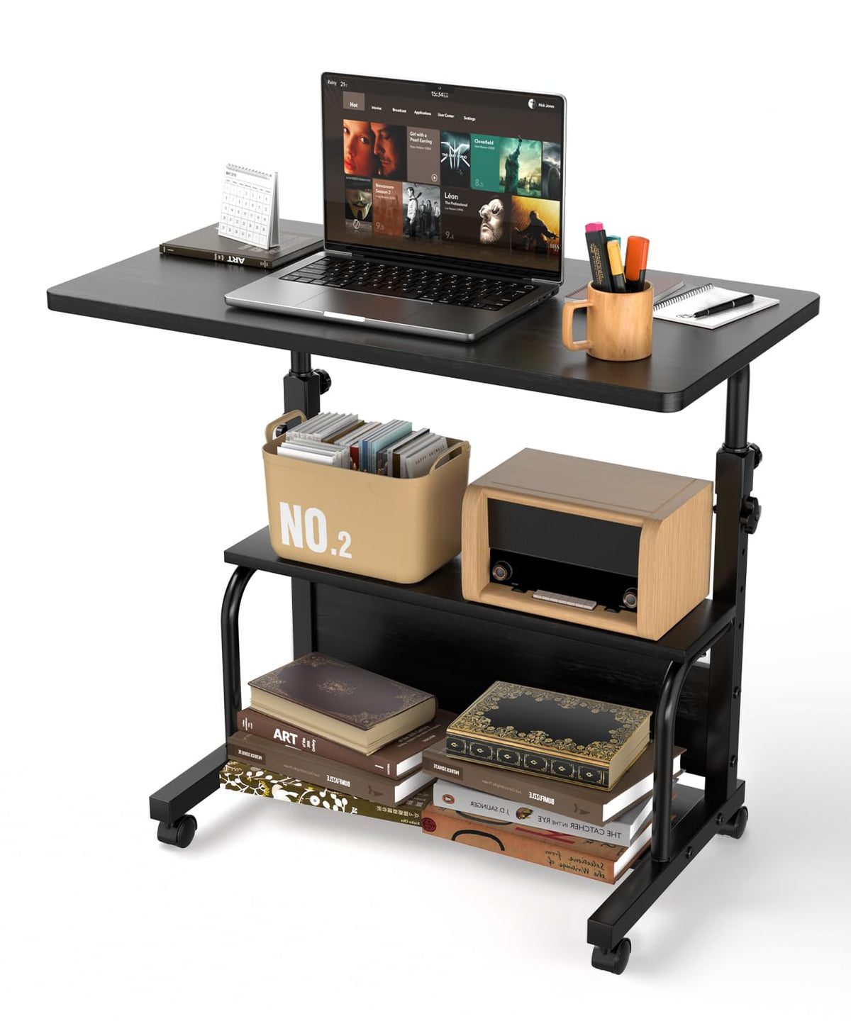 QZMDSM portable rolling desk on wheels in a compact home office for flexible work.