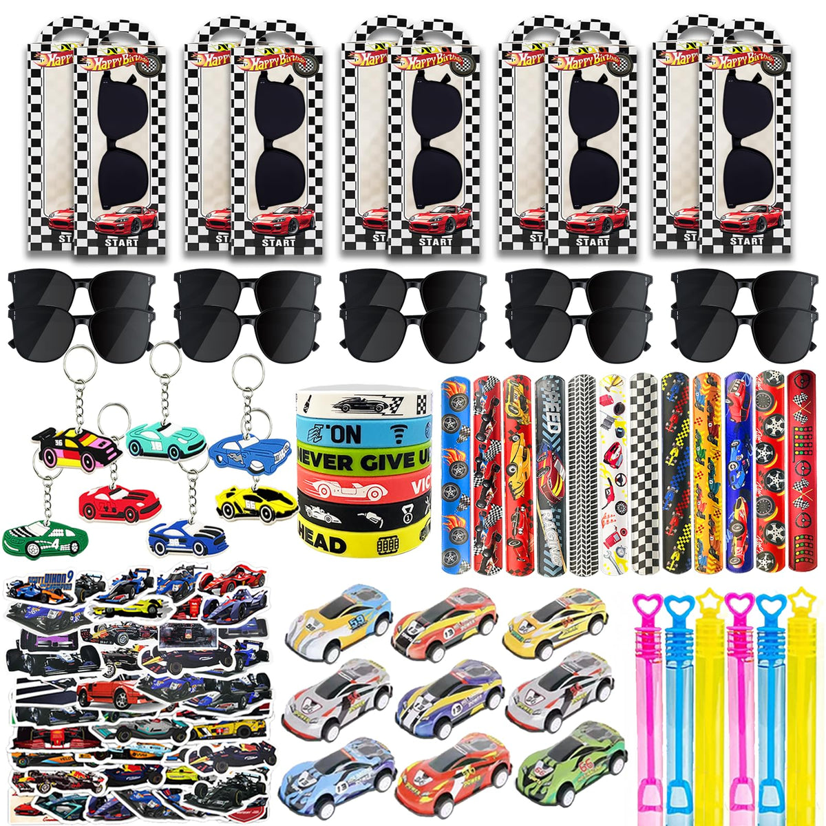 QZYCMHOO Race Car Party Favors Set packaging showcasing colorful contents for party favors