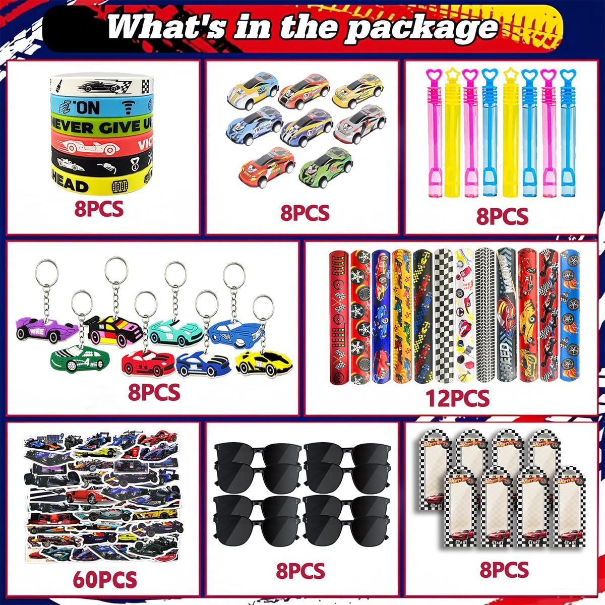 QZYCMHOO Race Car Slap Bracelets on display, bright and kid-friendly accessories