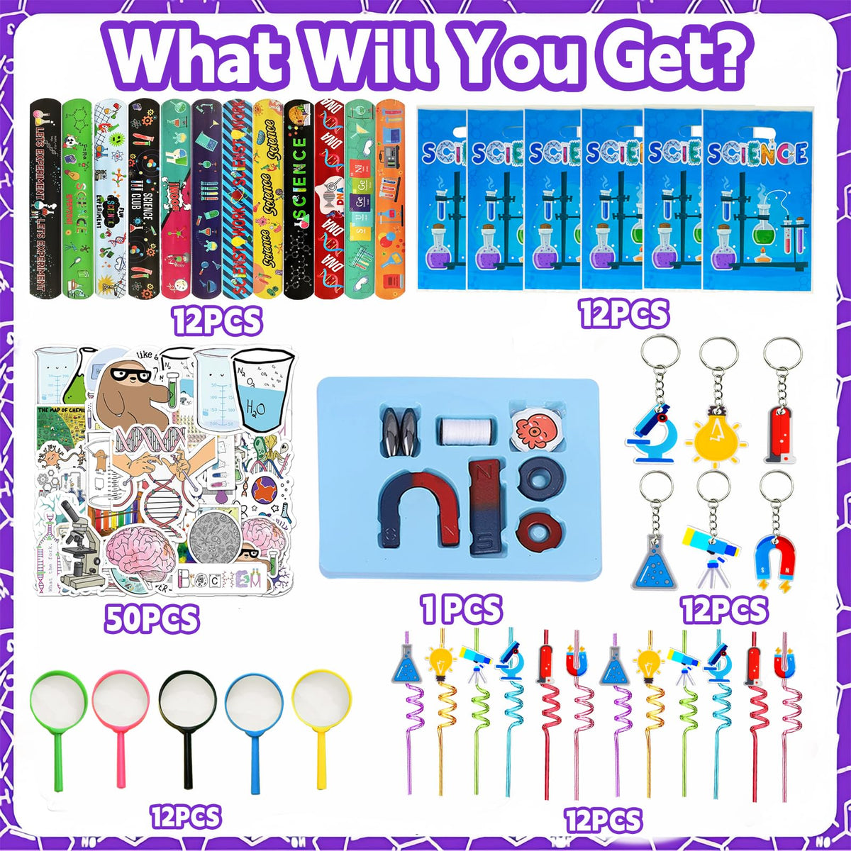 QZYCMHOO science gift bags ready to hold colorful party treasures.