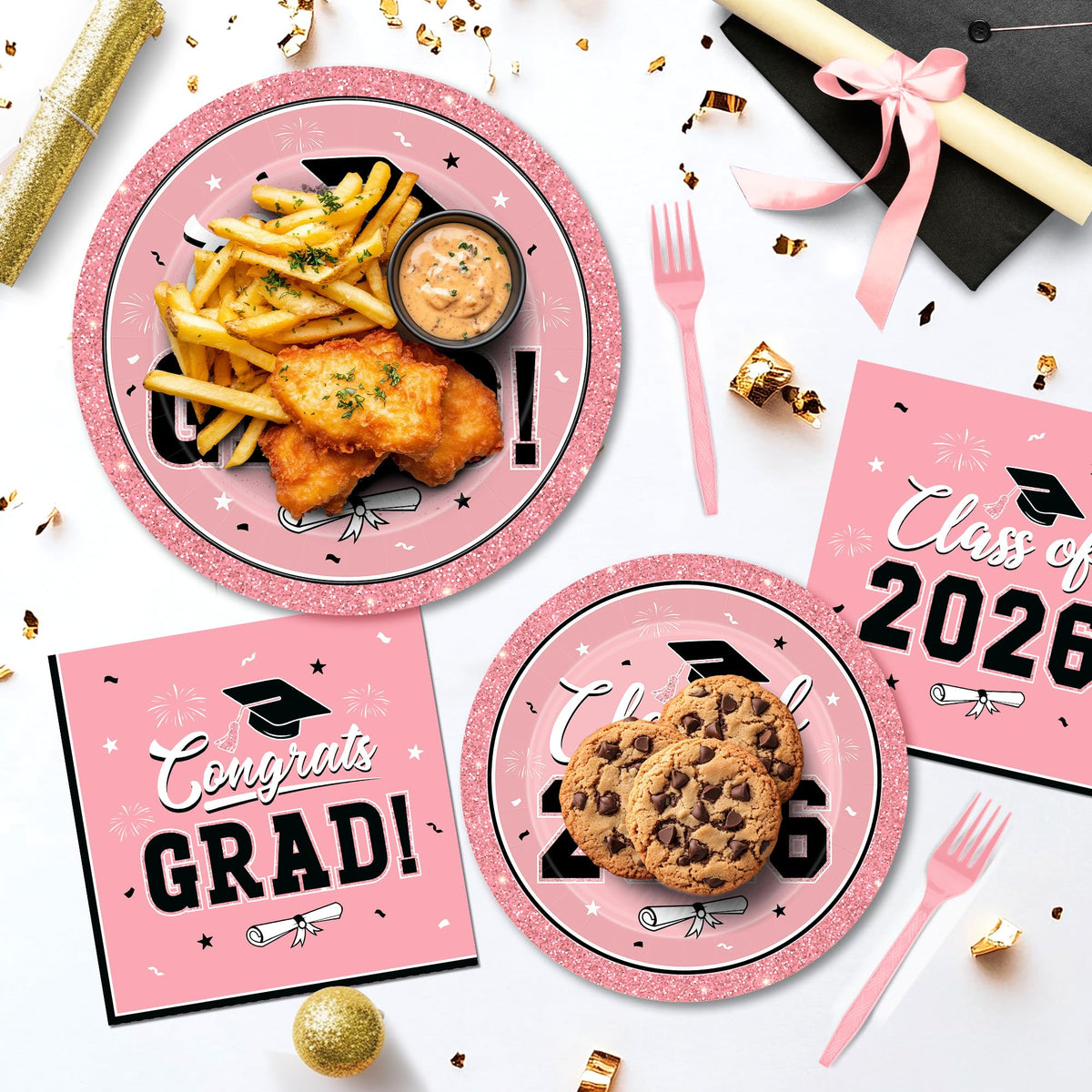 QZYL 200-piece pink graduation tableware set ready for 50 guests.