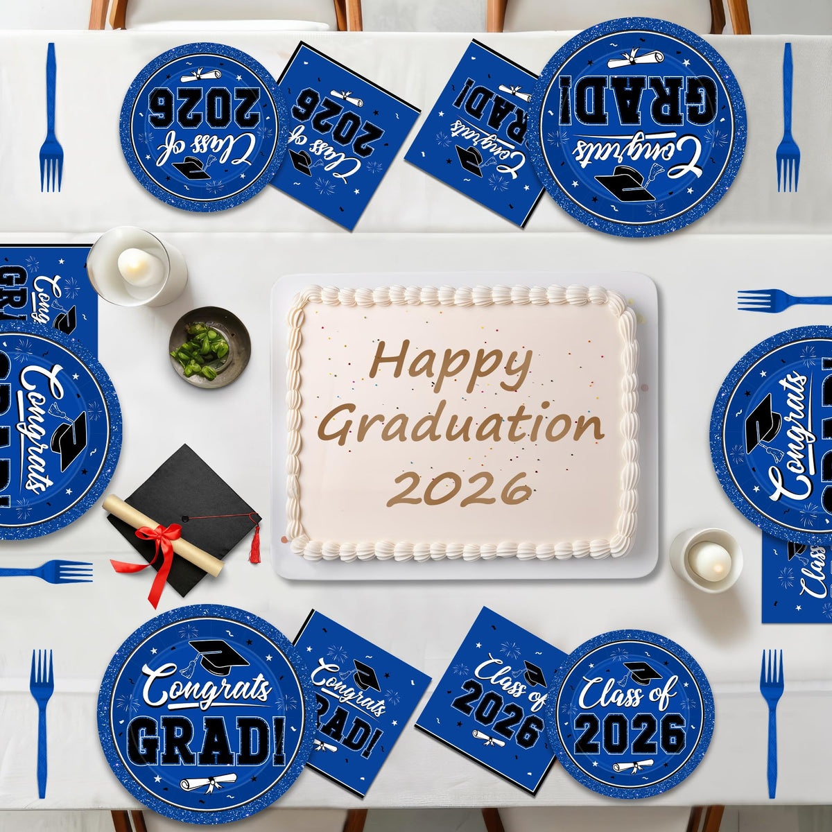 QZYL Congrats Grad 2026 blue banner complements the theme