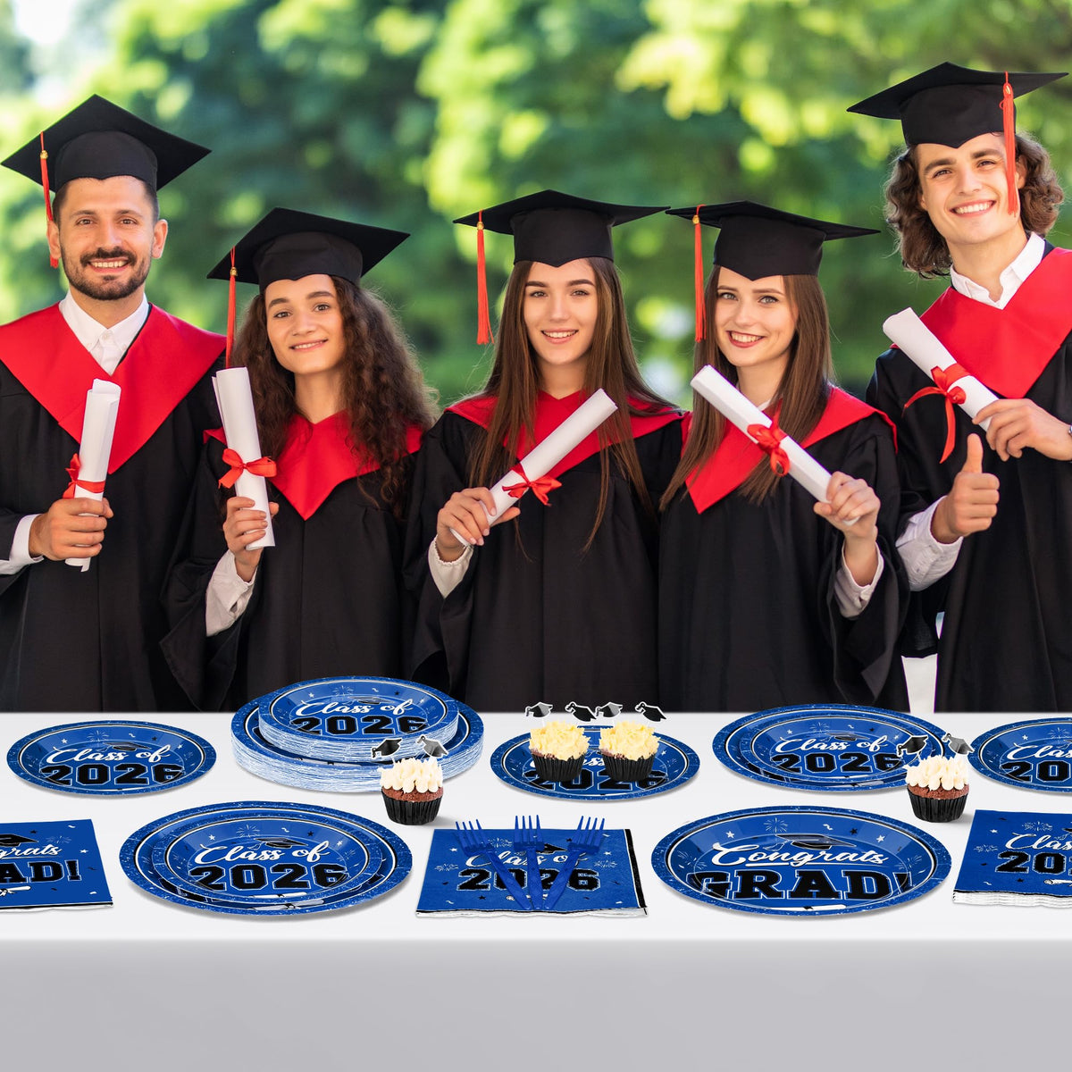QZYL coordinated blue grad decor for parties and birthdays