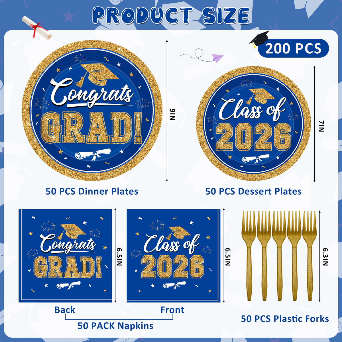 QZYL graduation dessert plates in blue and gold for festive bites