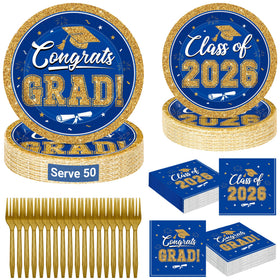 QZYL graduation dinner plates in blue and gold for cohesive 50-guest table decor