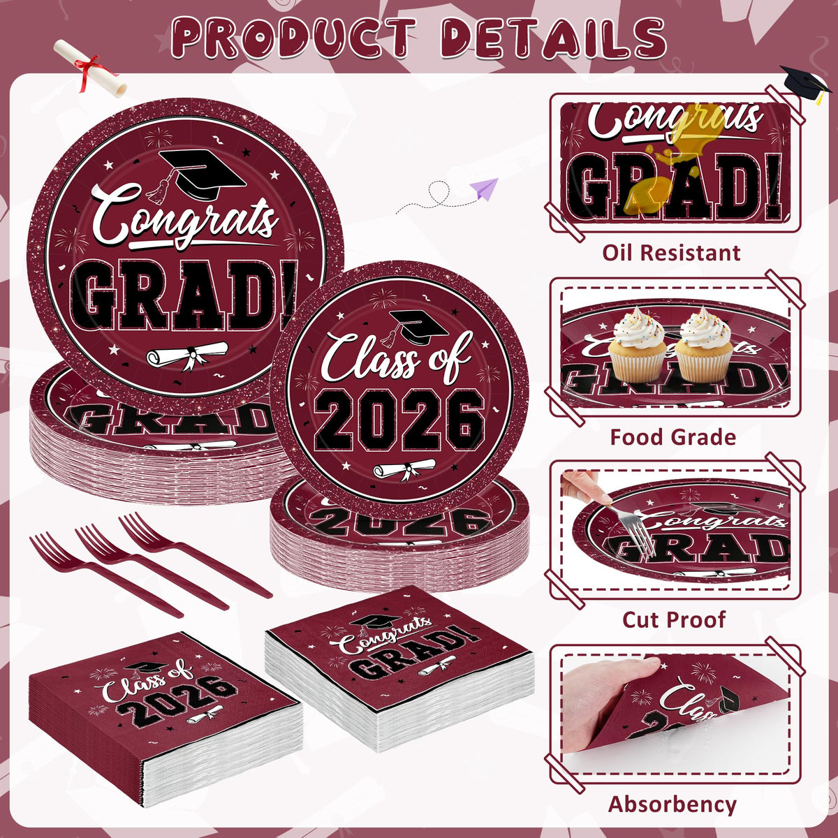 QZYL graduation napkins 6.5inch, absorbs spills and complements burgundy theme.