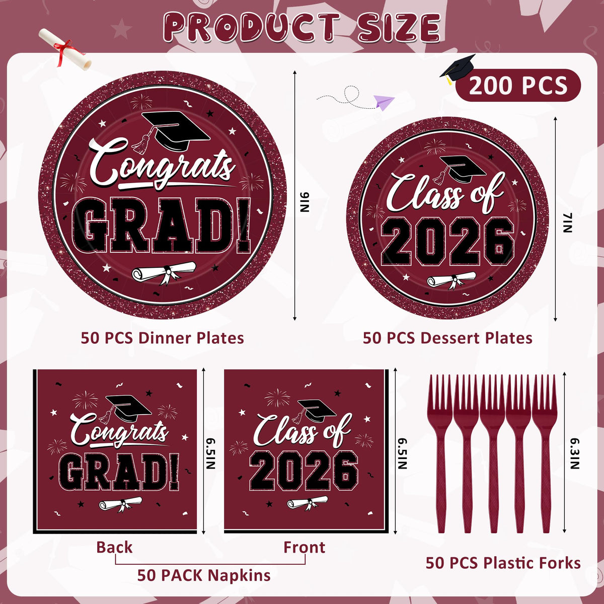 QZYL graduation dessert plates 7inch, festive for sweet treats at 50-person party.