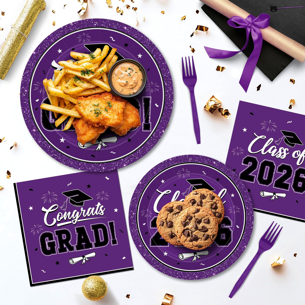 QZYL graduation dinnerware set packaging for 50 guests, easy party prep.