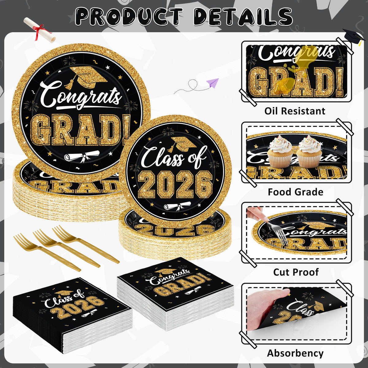 QZYL graduation 6-5inch black and gold napkins for a cohesive 2026 party look.
