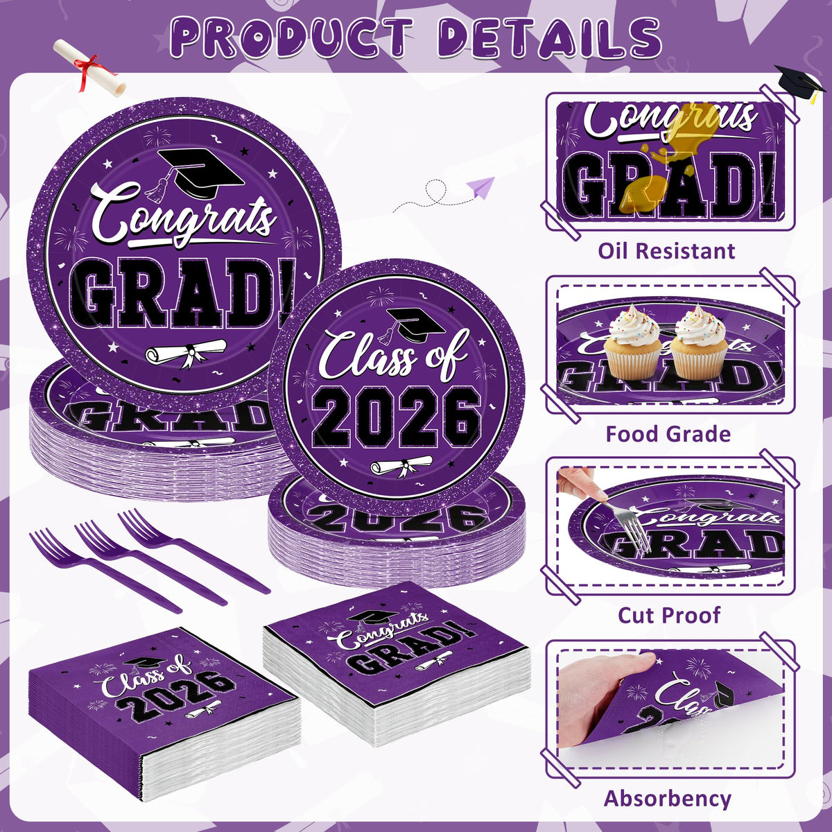 QZYL graduation napkins 6.5-inch purple, cohesive table decor for celebrations.