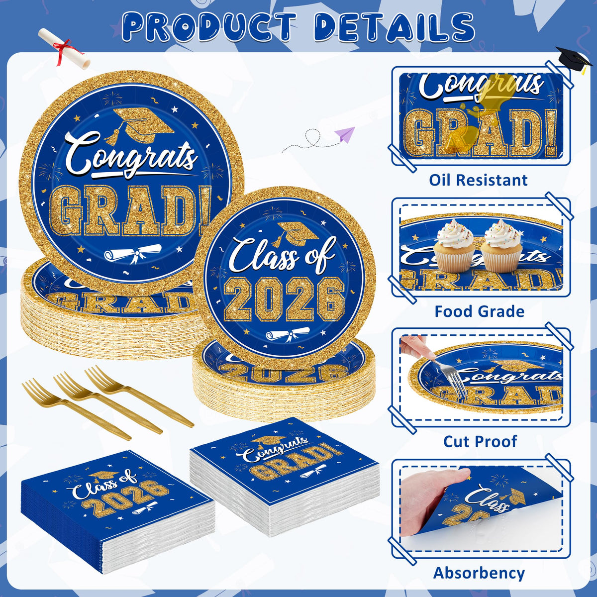 QZYL graduation napkins in blue and gold for easy cleanup