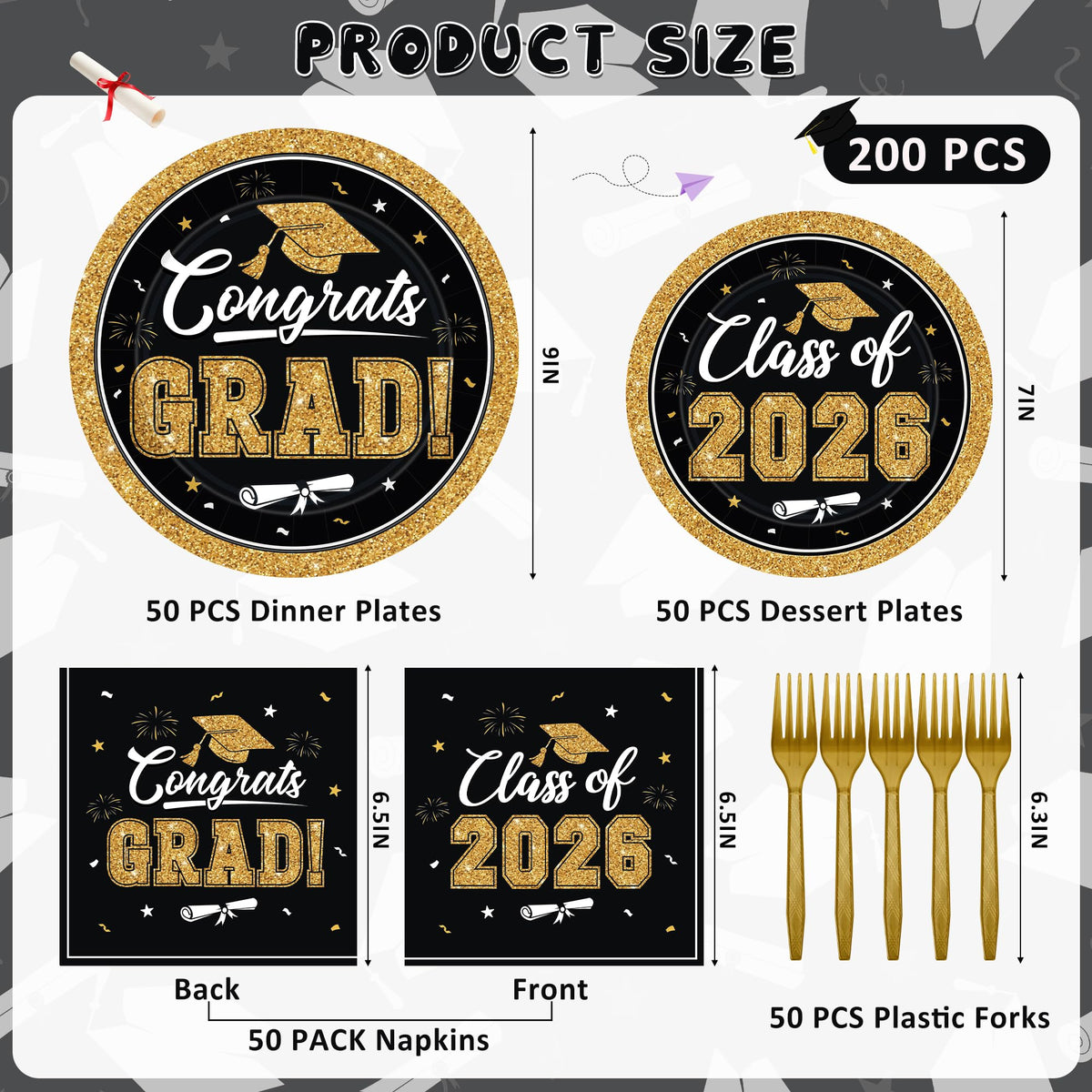 QZYL graduation 7-inch black and gold dessert plates for stylish treats and fast cleanup.