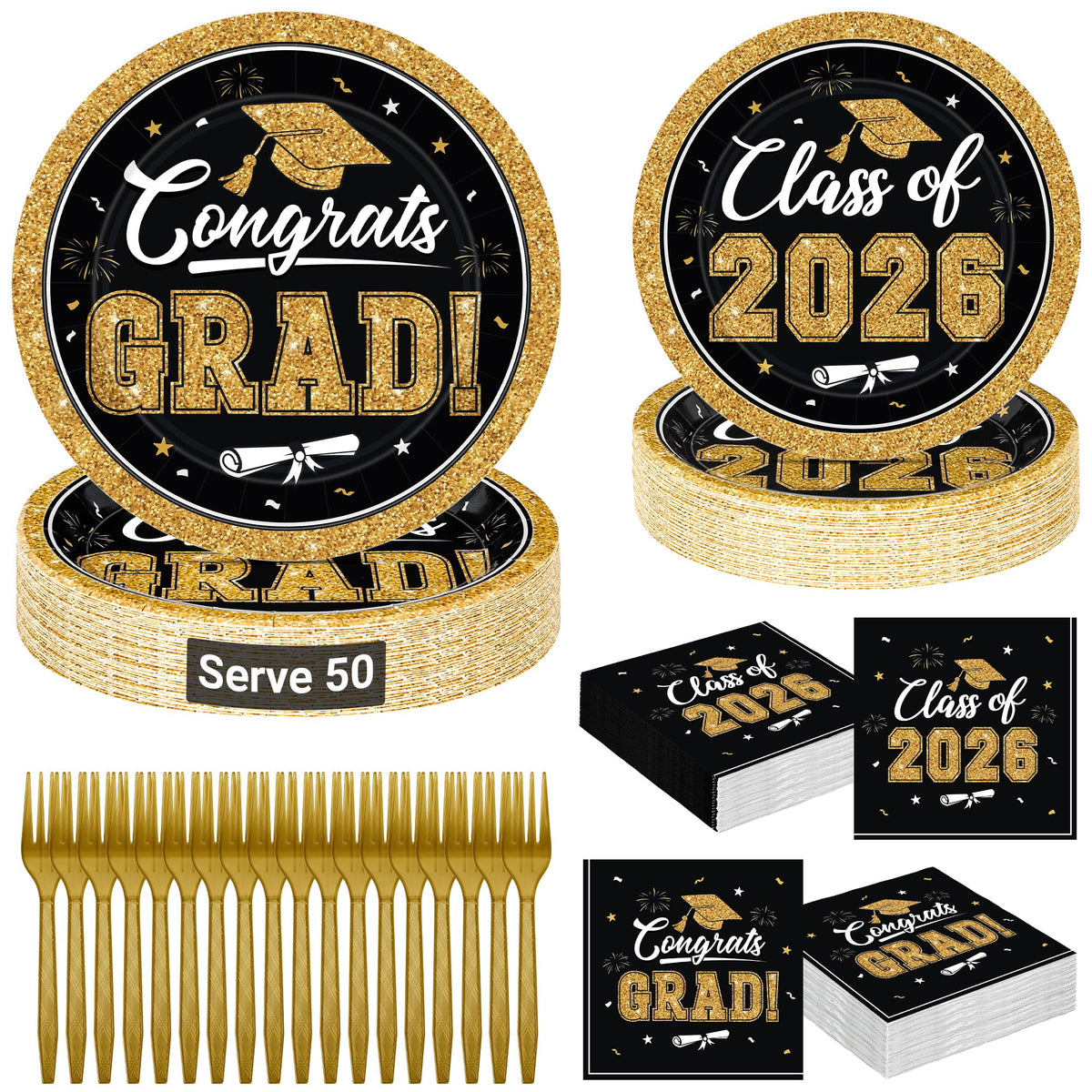 QZYL graduation 9-inch black and gold dinner plates for an elegant 2026 celebration with easy cleanup.