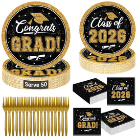 QZYL graduation 9-inch black and gold dinner plates for an elegant 2026 celebration with easy cleanup.