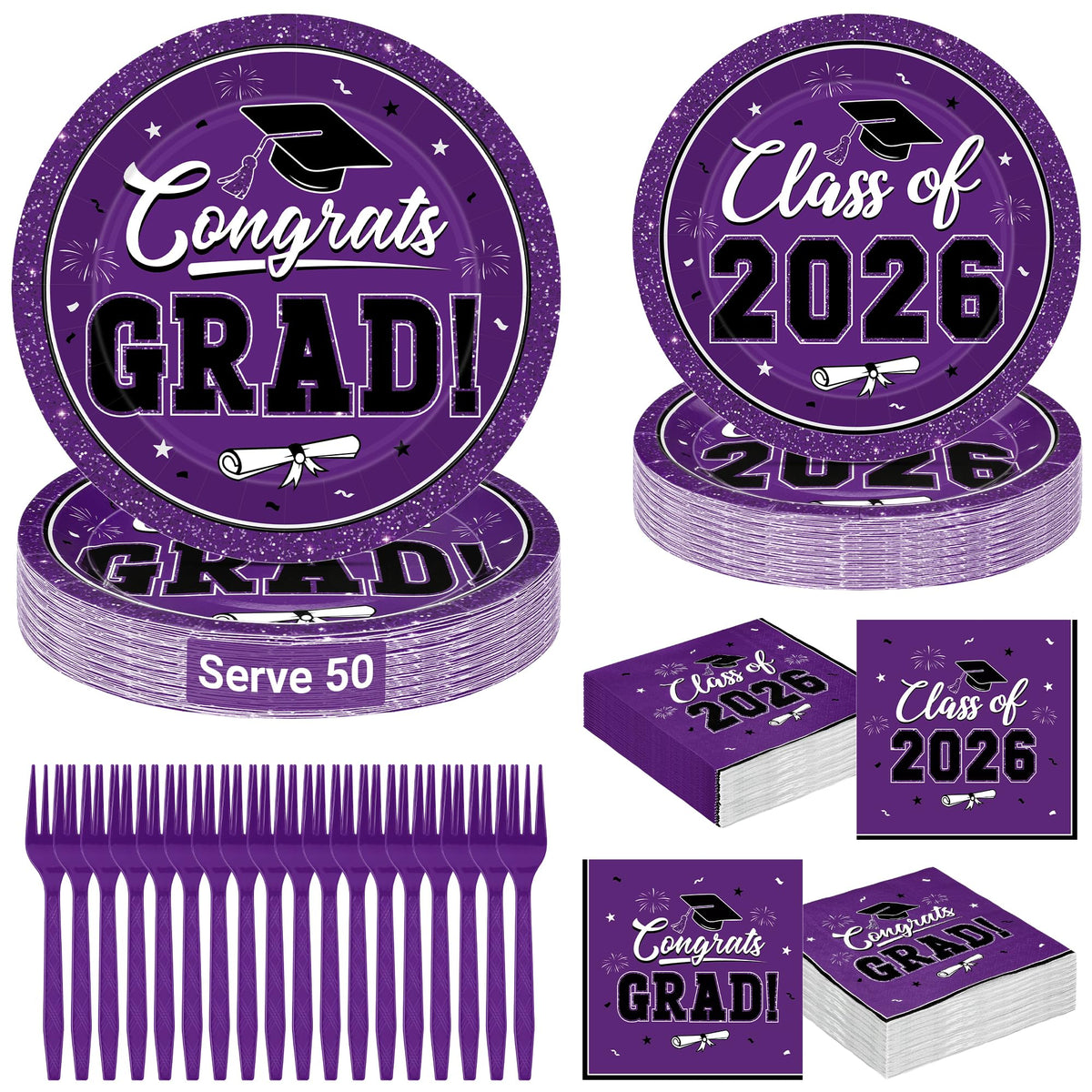 QZYL graduation plates 9-inch purple, sturdy for main course at 50-guest events.