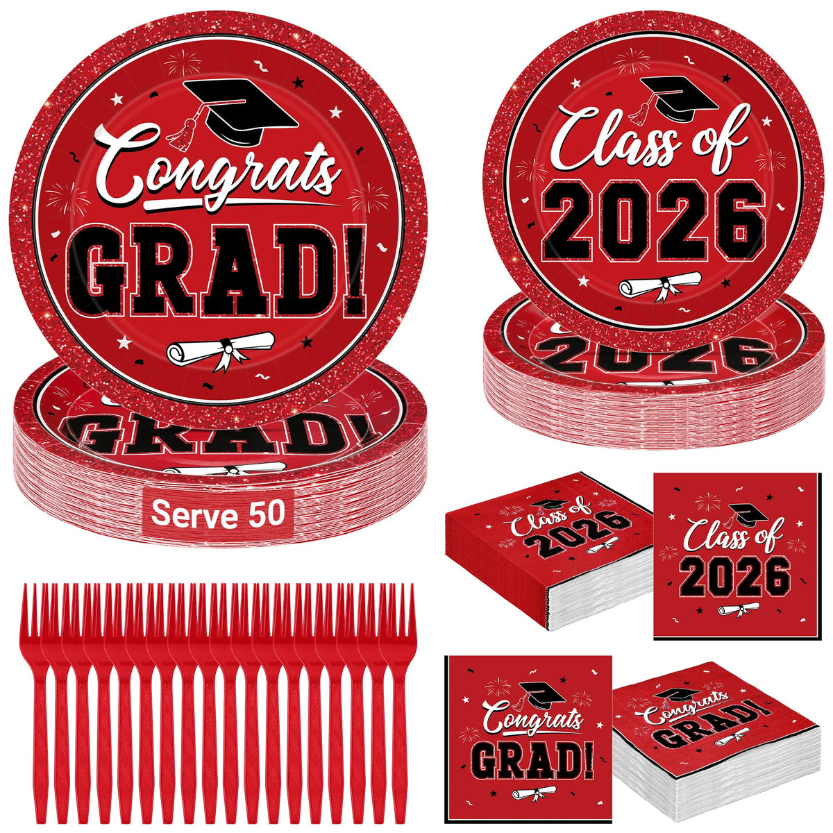 QZYL graduation plates in bold red design, ideal for a cohesive 2026 party table.