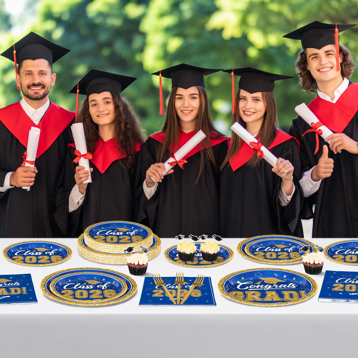 QZYL coordinated blue-gold grad table decor for a unified celebration