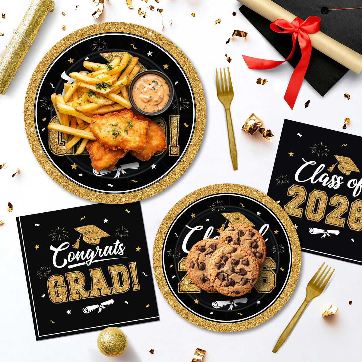 QZYL graduation tableware set coordinating plates and napkins for a polished party display.