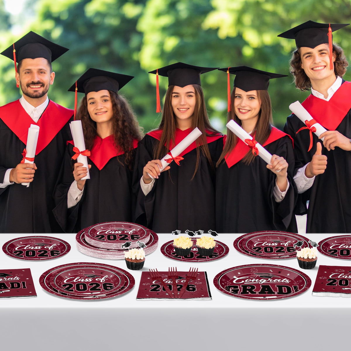 QZYL cohesive table setting, wine-red theme ties plates, napkins, and decor together.