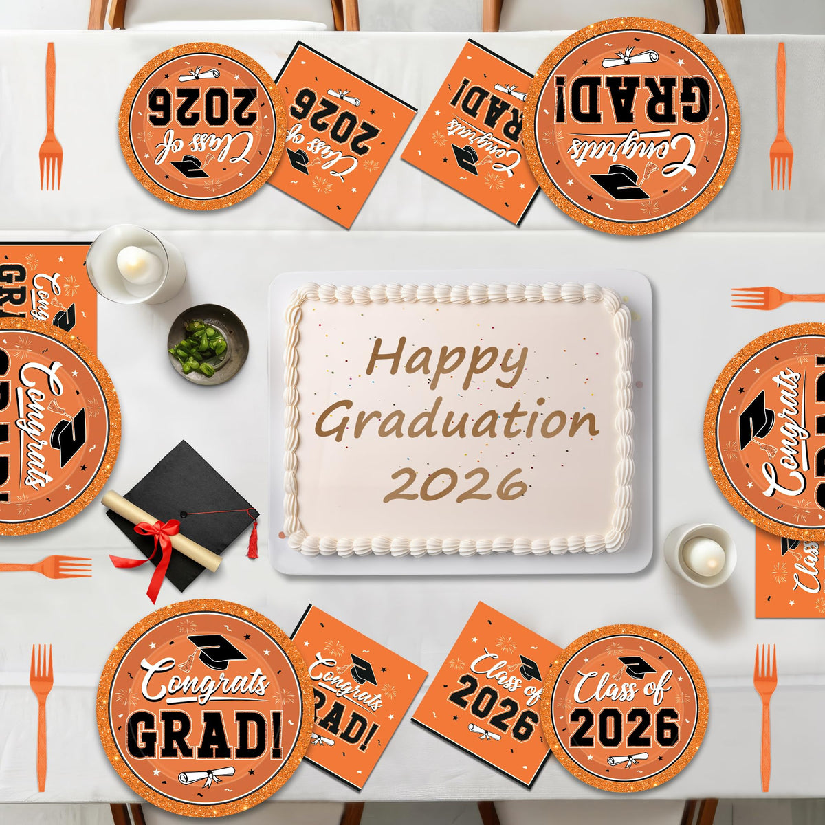 QZYL graduation tableware decor set, cohesive orange theme for unified event styling.