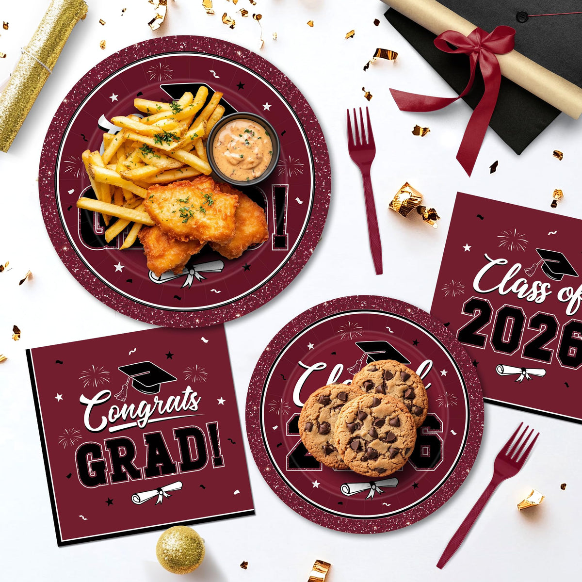 QZYL graduation theme wine-red banner, elegant centerpiece for 2026 ceremony styling.