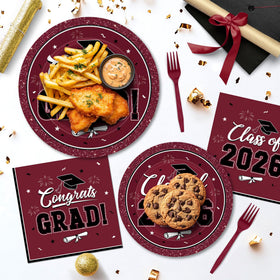 QZYL graduation theme wine-red banner, elegant centerpiece for 2026 ceremony styling.