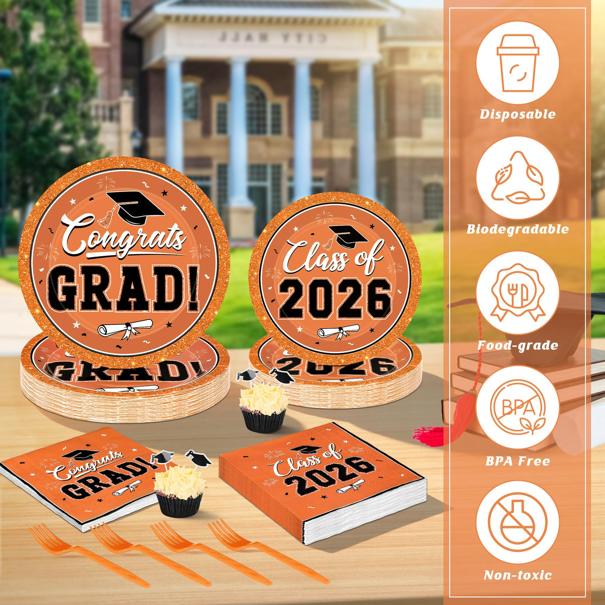 QZYL orange graduation forks 6.3-inch, disposable yet sturdy for quick cleanup.