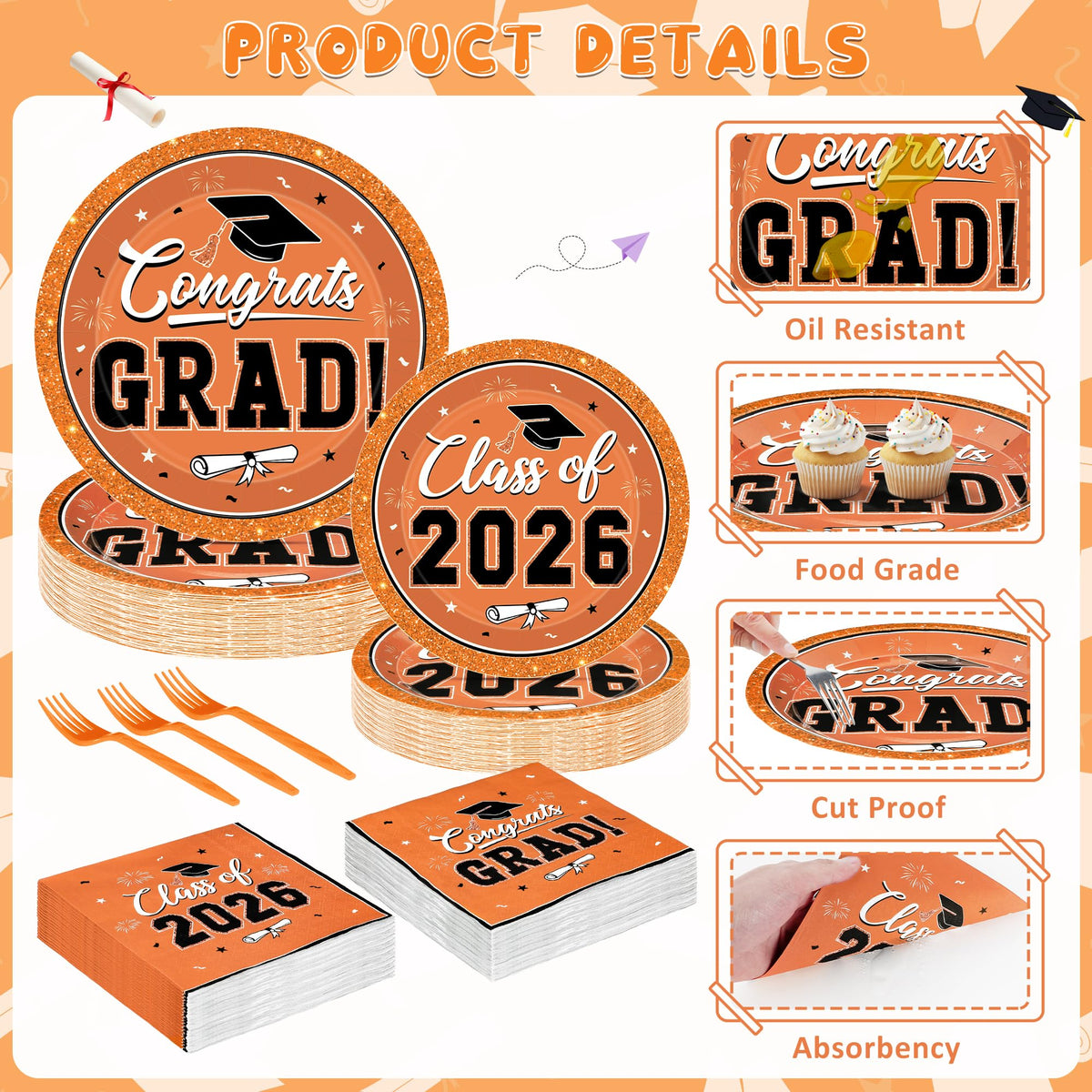 QZYL orange graduation napkins 6.5-inch, coordinated table decor for parties.