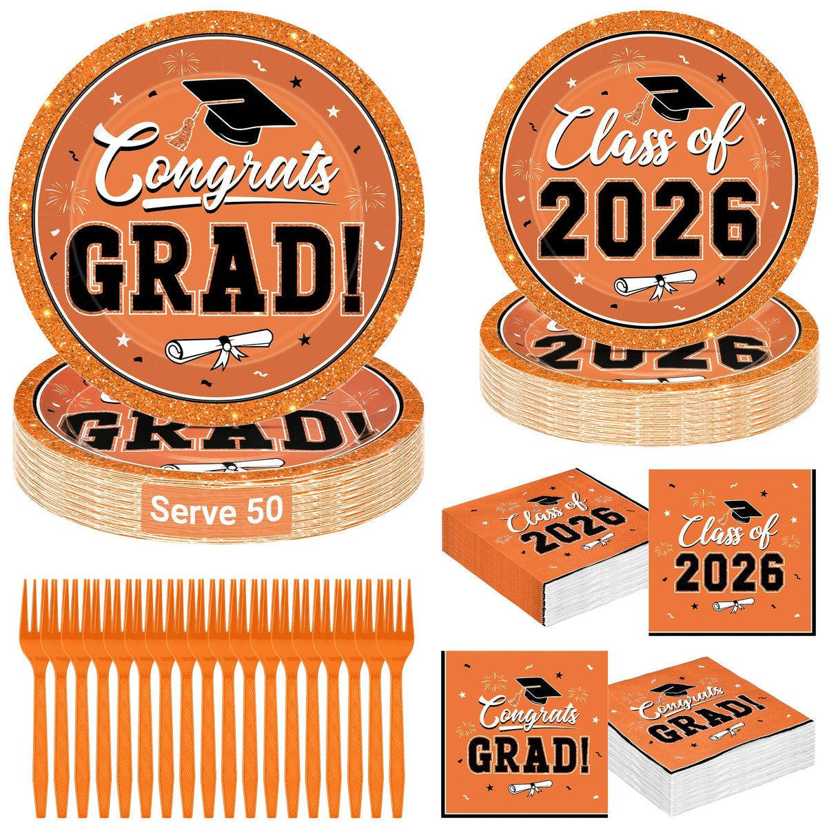 QZYL orange graduation plates 9-inch, sturdy dinnerware for 50-guest celebrations.