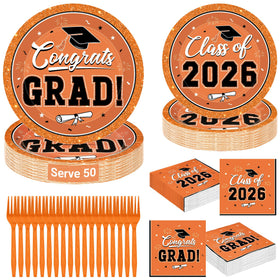 QZYL orange graduation plates 9-inch, sturdy dinnerware for 50-guest celebrations.
