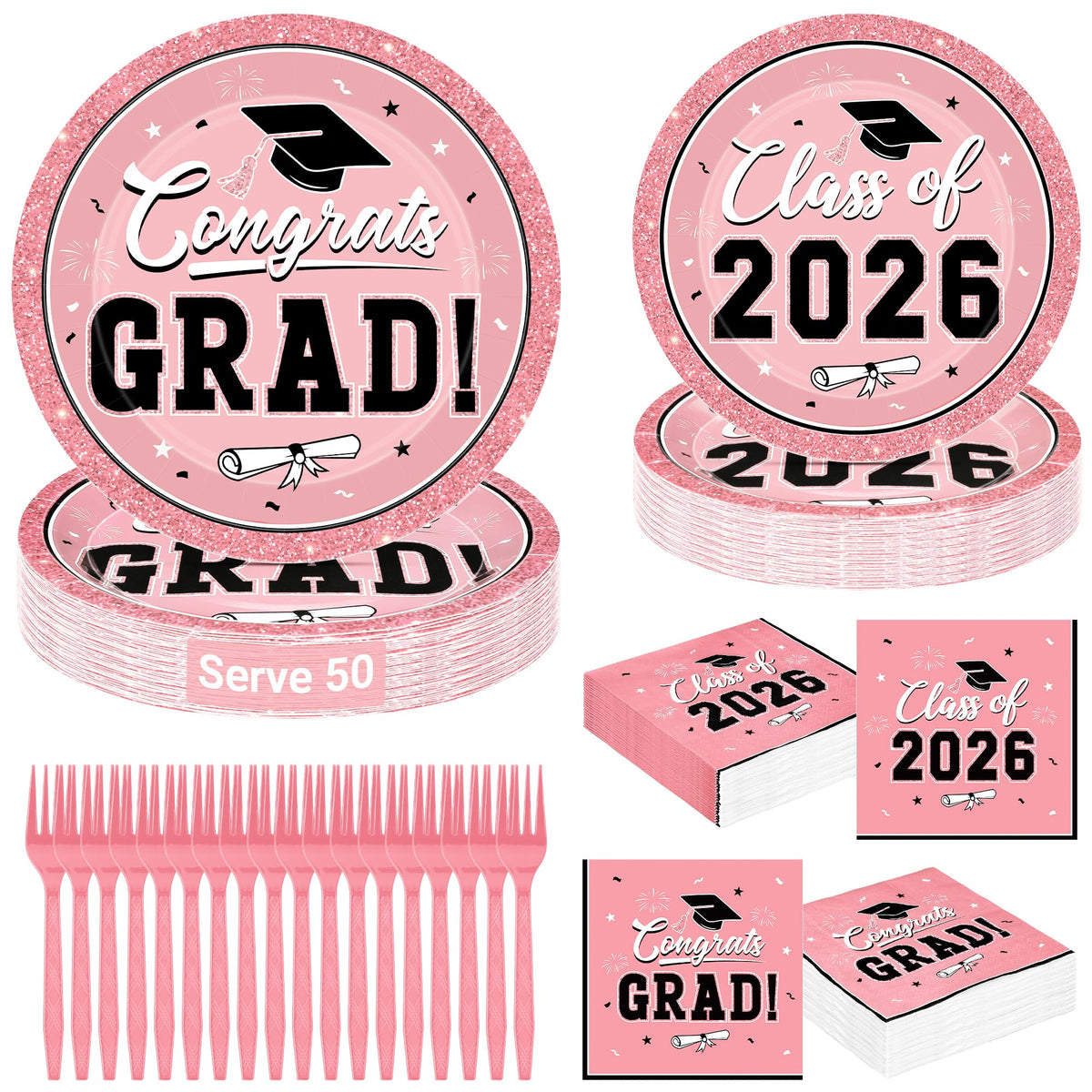 QZYL pink graduation plates with caps and confetti create festive table decor.