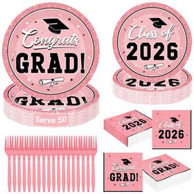 QZYL pink graduation plates with caps and confetti create festive table decor.