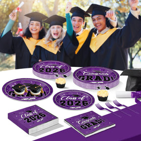 QZYL purple table decor, cohesive graduation tables.