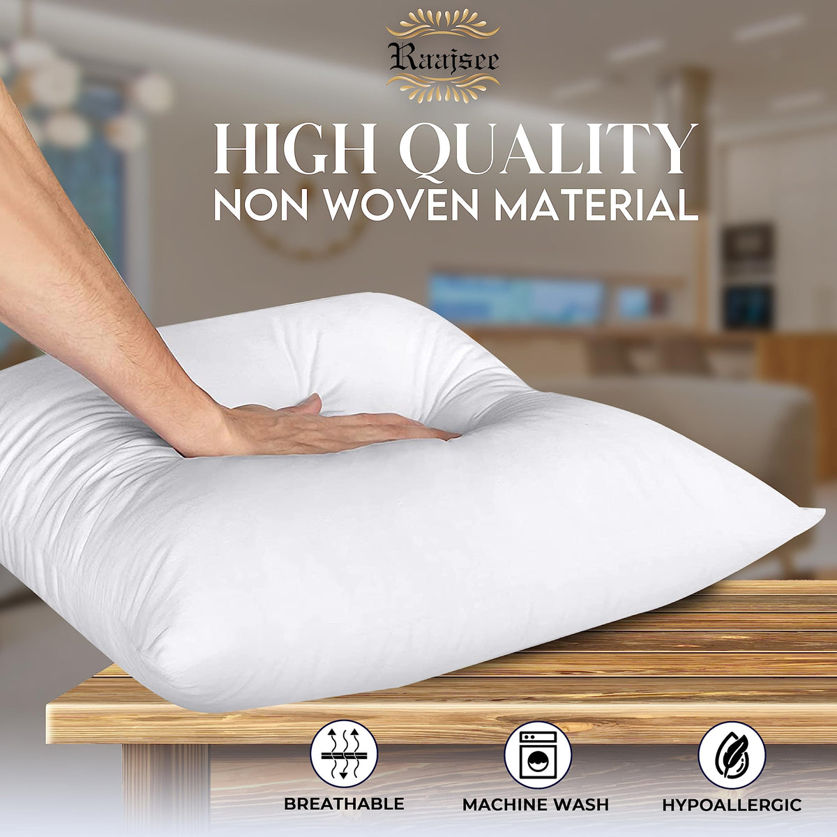 Raajsee 12x20 pillow insert uses breathable poly-cotton fabric for everyday comfort.