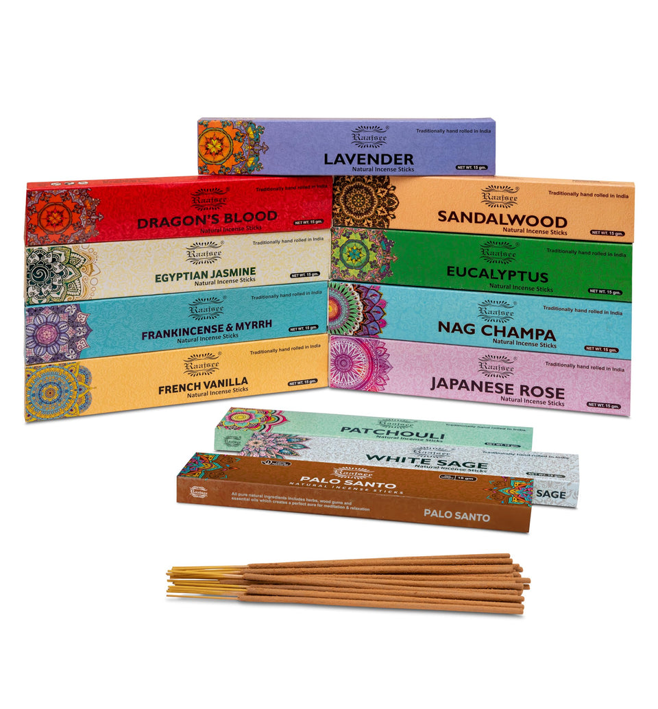 Raajsee Nag Champa incense stick for calming meditation and serene ambiance.