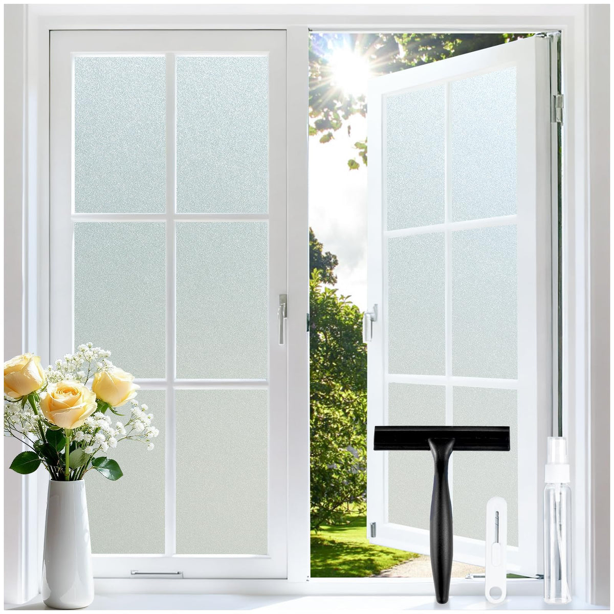 Rabbitgoo frosted privacy film with squeegee ready for bubble-free installation