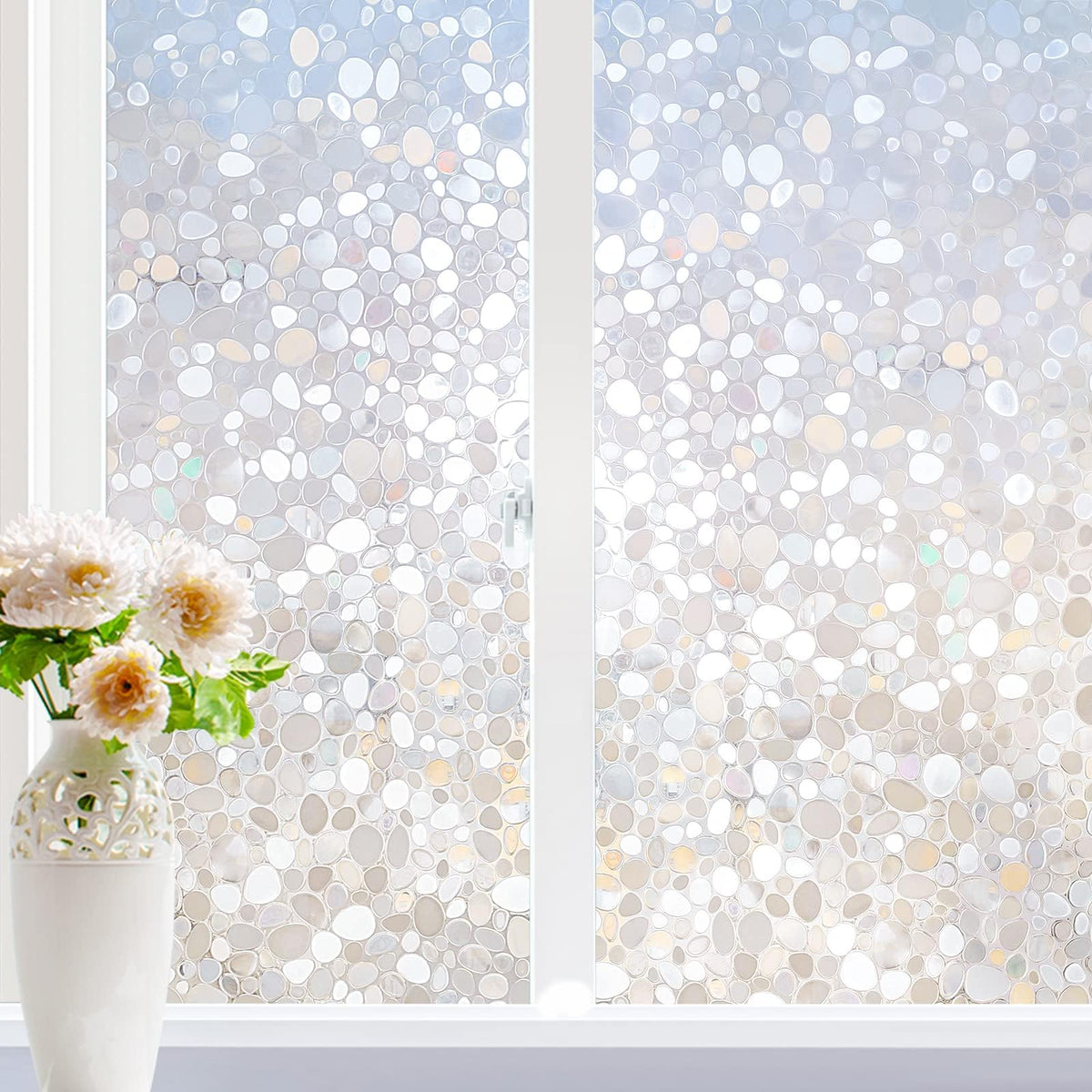 Rabbitgoo window privacy film with rainbow pebble pattern enhances privacy while preserving light.