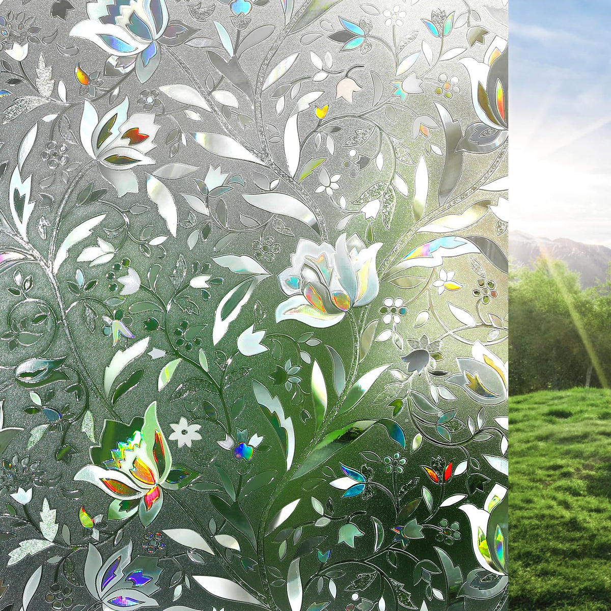 Rabbitgoo rainbow tulip window film with vibrant pattern, brightening interiors.