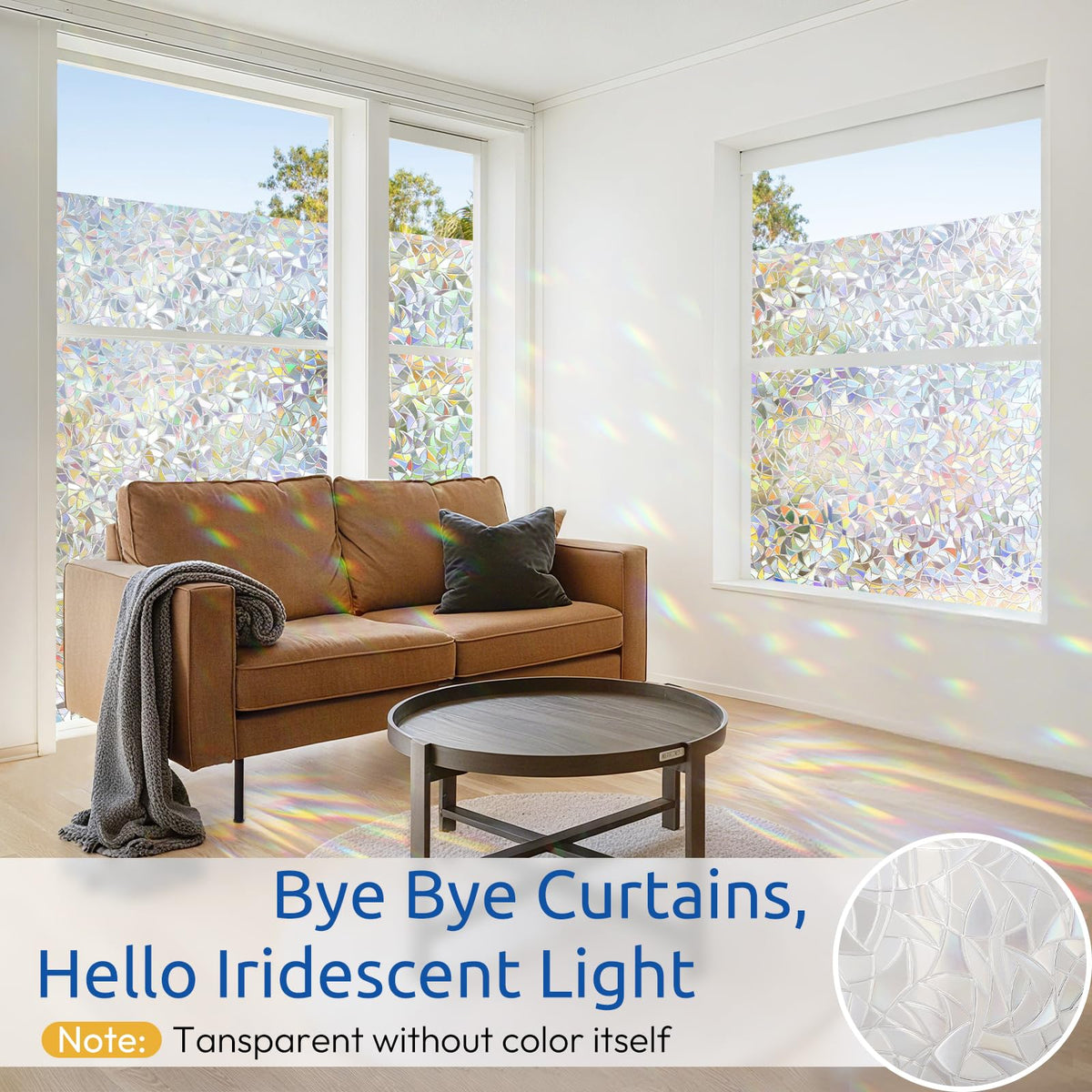 Rabbitgoo stained glass rainbow 3D prism film creates soft, decorative light patterns.