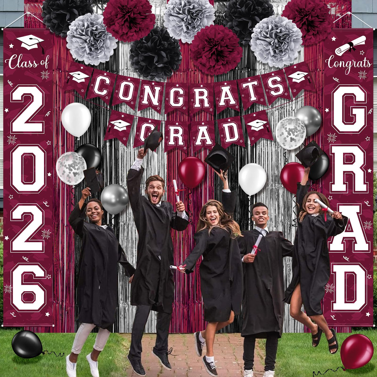 Ragnhild 2026 maroon foil balloon, festive centerpiece and accents.