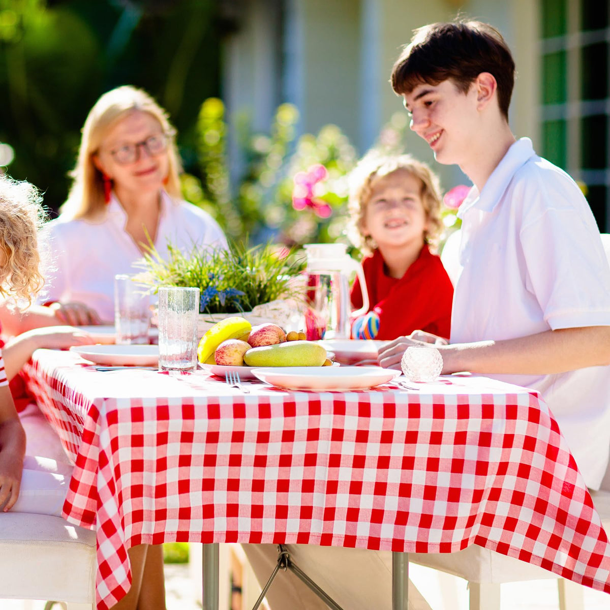 Ragnhild waterproof, stain-resistant tablecloth keeps tables clean.