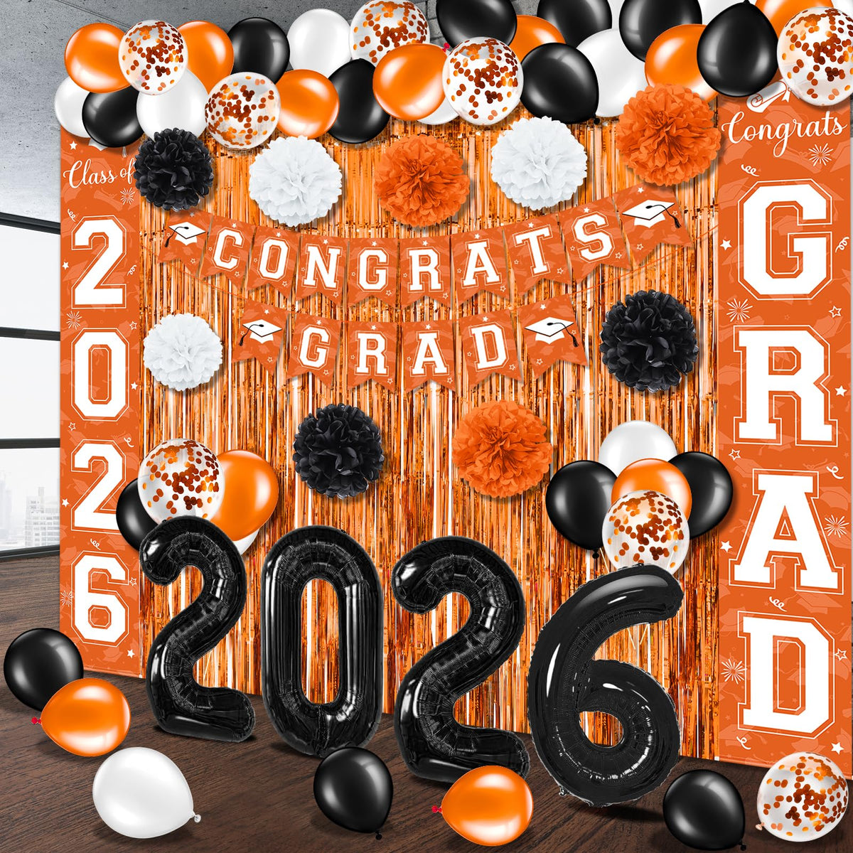 Ragnhild latex balloons in orange, black, and white for lively decor
